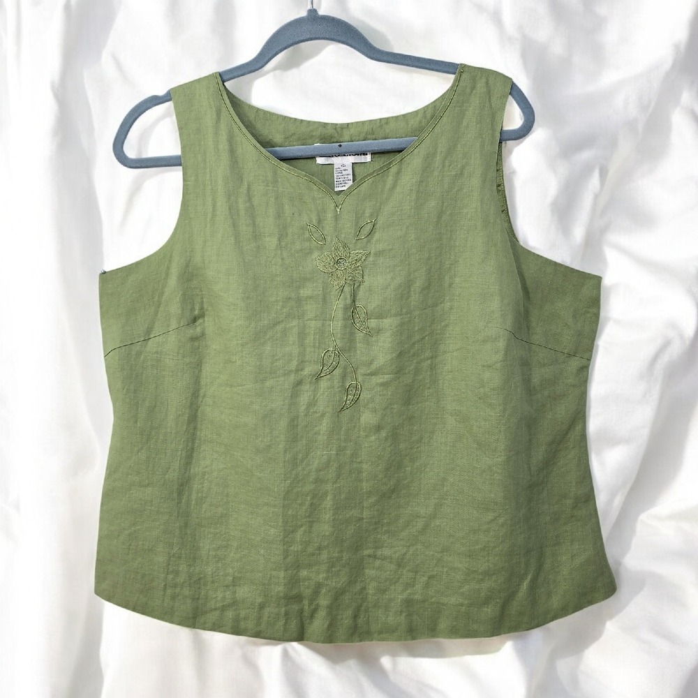 Lino USA 100% Linen Embroidered Floral Top Tank Set Scalloped Green Woman Large - Picture 3 of 13